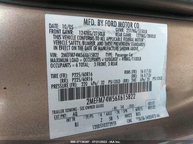 2006 MERCURY GRAND MARQUIS GS VIN: 2MEFM74W56X615822