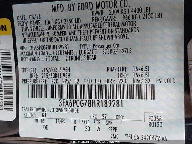 Ford FUSION S 2017 3FA6P0G78HR189281 Image 9