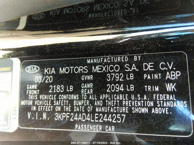 2020 KIA FORTE LXS VIN: 3KPF24AD4LE244257