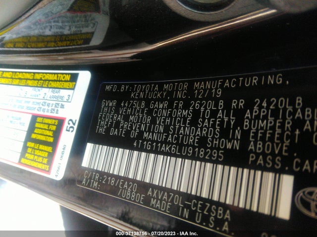Toyota CAMRY SE 2020 4T1G11AK6LU918295 Image 9