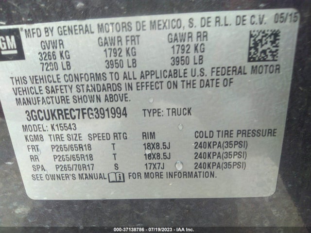2015 CHEVROLET SILVERADO 1500 LT VIN: 3GCUKREC7FG391994