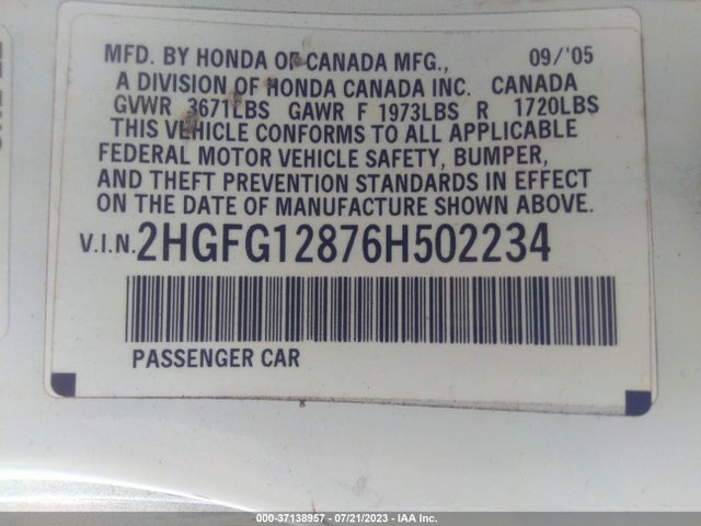 2006 HONDA CIVIC CPE EX VIN: 2HGFG12876H502234