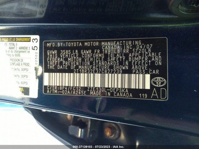 2007 TOYOTA COROLLA CE/S/LE VIN: 2T1BR32E37C827239