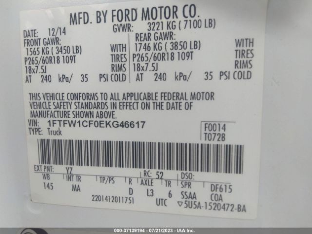 1FTFW1CF0EKG46617 Ford F-150 Xl/stx/xlt/fx2/lariat