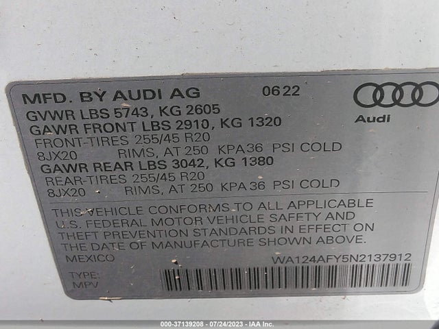 2022 Audi SQ5, VIN: WA124AFY5N2137912