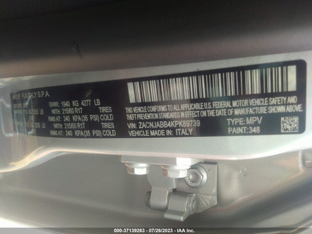 2019 JEEP RENEGADE LATITUDE VIN: ZACNJABB4KPK89739