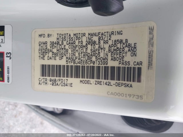 2012 TOYOTA COROLLA L/LE/S VIN: 5YFBU4EE6CP013399
