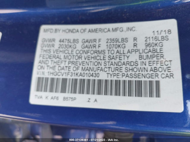 2019 HONDA ACCORD SEDAN SPORT 1.5T VIN: 1HGCV1F31KA010430
