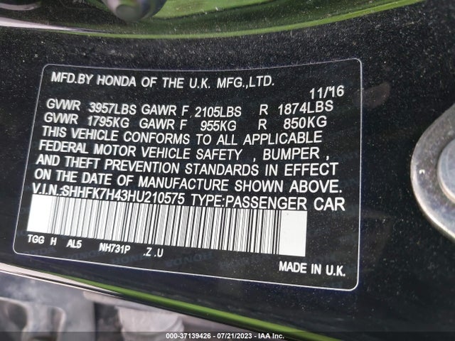 Honda Civic Hatchback Sport 2017 SHHFK7H43HU210575 Image 16