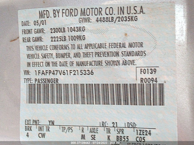 2001 FORD MUSTANG SVT COBRA VIN: 1FAFP47V61F215336