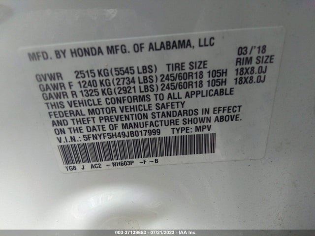 Honda Pilot Ex 2018 5FNYF5H49JB017999 Image 9