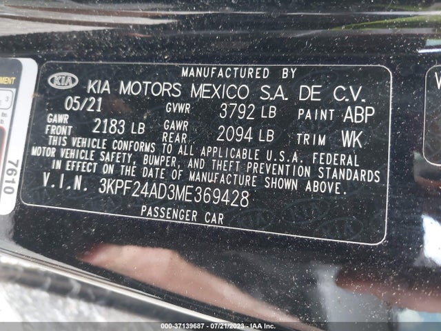 2021 KIA FORTE FE VIN: 3KPF24AD3ME369428