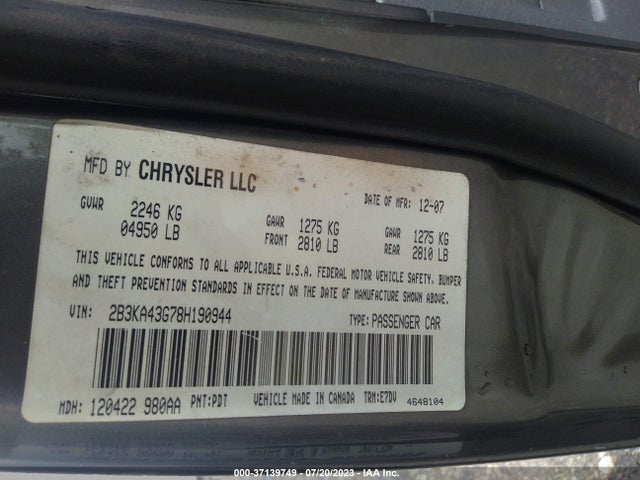 2008 DODGE CHARGER VIN: 2B3KA43G78H190944