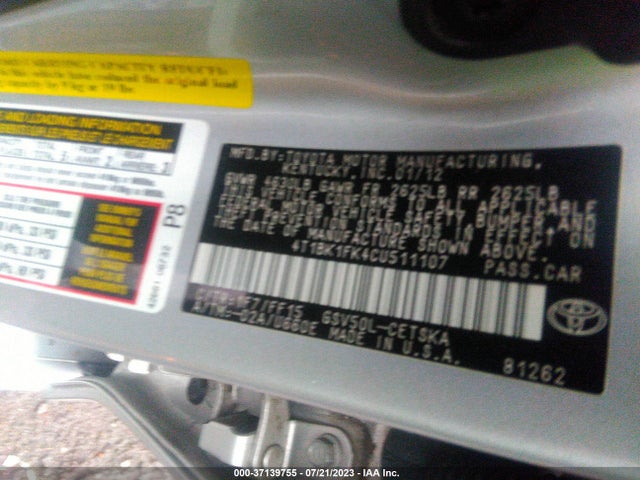 2012 TOYOTA CAMRY SE VIN: 4T1BK1FK4CU511107