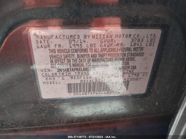 2014 NISSAN SENTRA SV VIN: 3N1AB7AP6EL685976