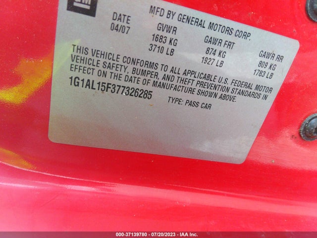 2007 CHEVROLET COBALT LT VIN: 1G1AL15F377326285