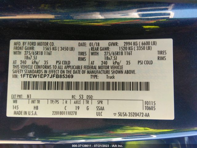 1FTEW1EP7JFB85369 Ford F-150 Lariat