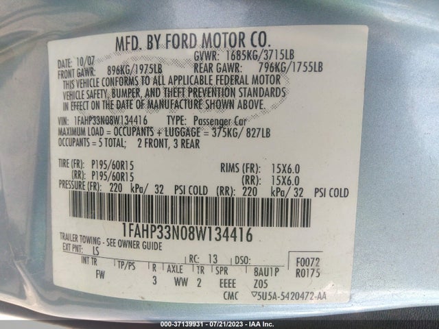 2008 FORD FOCUS SE/SES VIN: 1FAHP33N08W134416