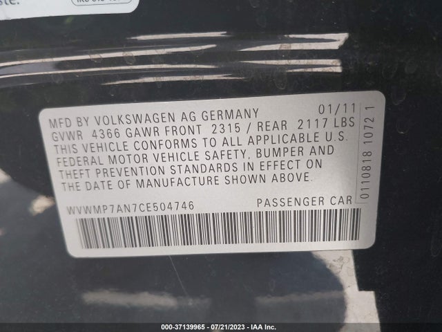2012 VOLKSWAGEN CC SPORT PZEV VIN: WVWMP7AN7CE504746