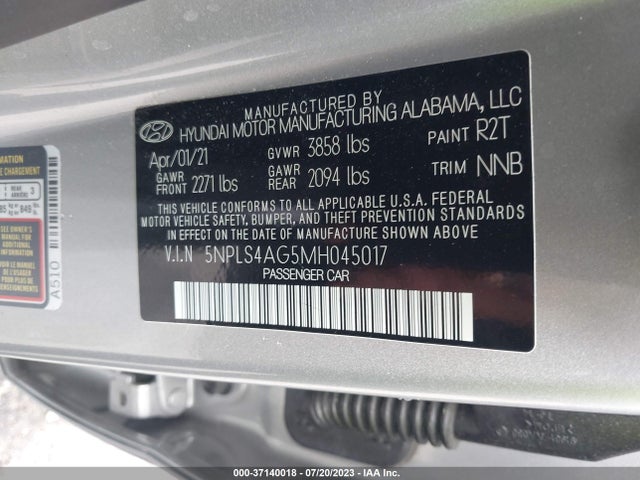 2021 HYUNDAI ELANTRA SEL VIN: 5NPLS4AG5MH045017