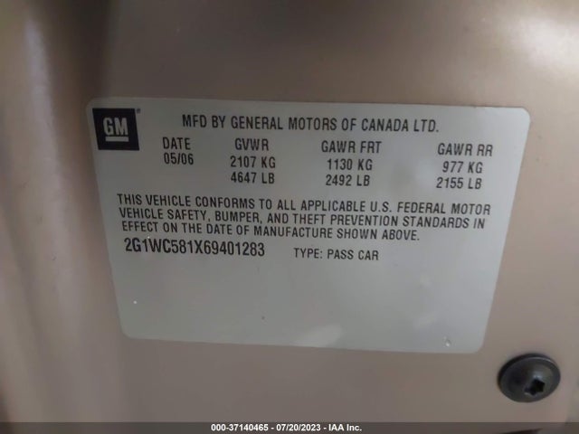 2006 CHEVROLET IMPALA LT 3.9L VIN: 2G1WC581X69401283