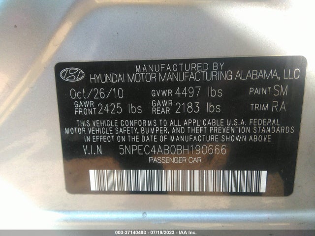 2011 HYUNDAI SONATA LTD VIN: 5NPEC4AB0BH190666