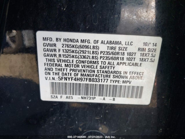 2015 HONDA PILOT TOURING VIN: 5FNYF4H97FB033177