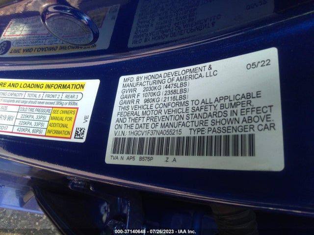 2022 HONDA ACCORD SEDAN SPORT VIN: 1HGCV1F37NA055215