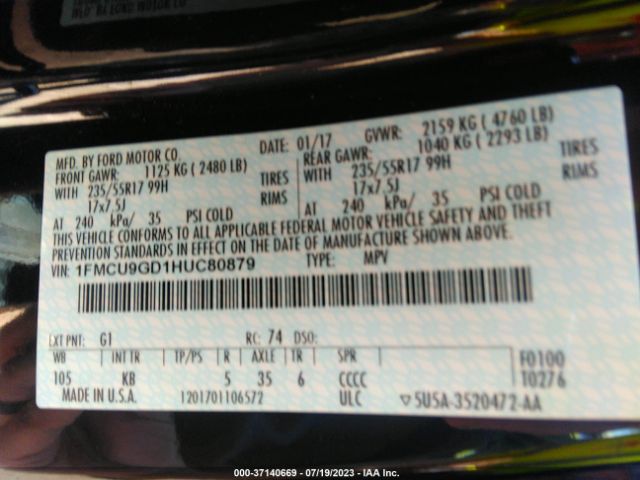 1FMCU9GD1HUC80879 Ford ESCAPE SE