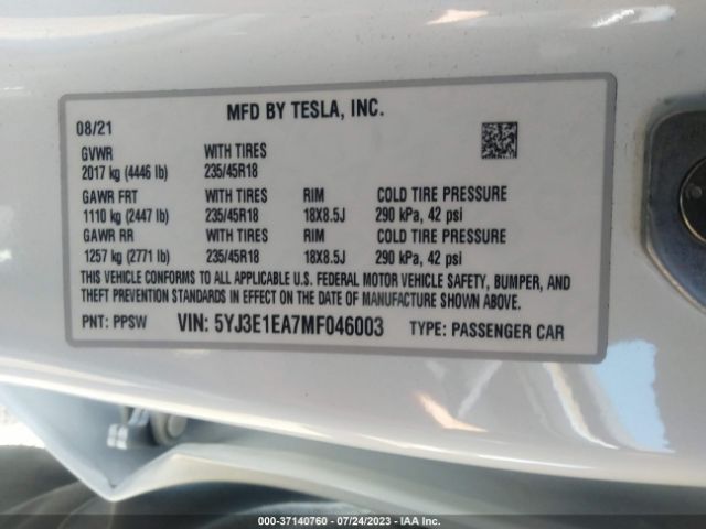5YJ3E1EA7MF046003 Tesla Model 3 Standard Range Plus
