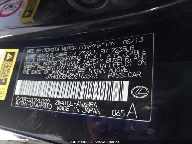 2013 LEXUS CT 200H HYBRID VIN: JTHKD5BH2D2163593