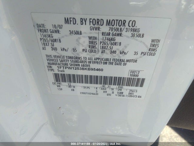 2008 FORD F-150 XLT/FX2/LARIAT VIN: 1FTPW12538KB95460