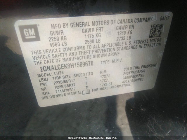 2017 CHEVROLET EQUINOX LT VIN: 2GNALCEK8H1589670