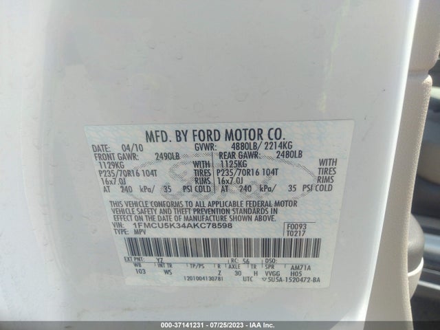 2010 FORD ESCAPE HYBRID VIN: 1FMCU5K34AKC78598