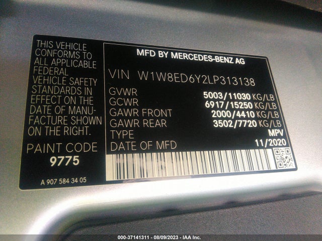 Aukcja sprzedaży 2020 Mercedes-benz Sprinter Cargo Van, vin: W1W8ED6Y2LP313138, numer aukcji: 37141311