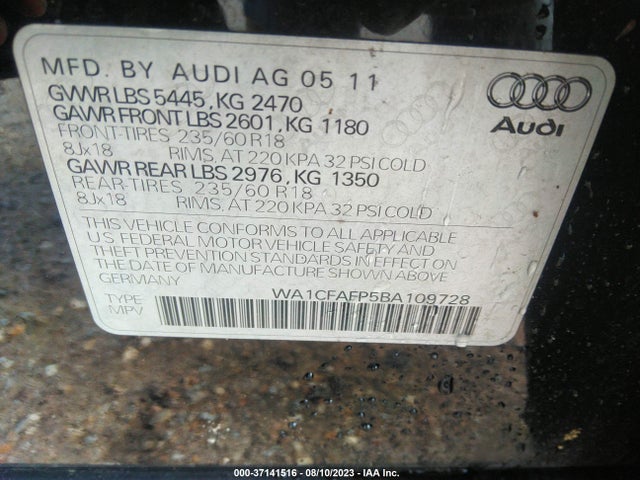 2011 AUDI Q5 2.0T PREMIUM VIN: WA1CFAFP5BA109728