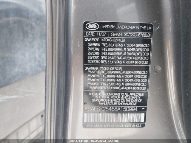 2008 LAND ROVER RANGE ROVER SPORT HSE VIN: SALSK25468A150994