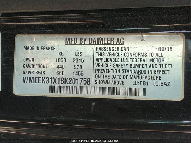 2008 SMART FORTWO PASSION VIN: WMEEK31X18K201758