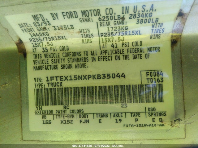 1993 FORD F150 VIN: 1FTEX15NXPKB35044