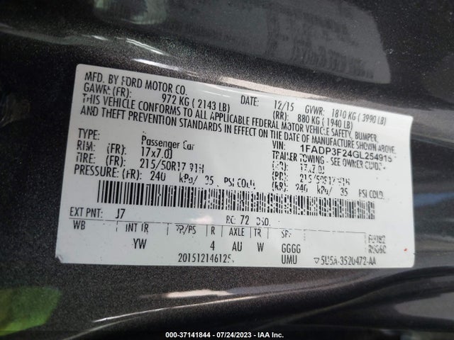 2016 FORD FOCUS SE VIN: 1FADP3F24GL254915
