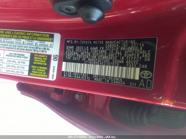 2014 TOYOTA COROLLA L/LE/S/S PLUS/LE PLUS VIN: 2T1BURHE4EC107079