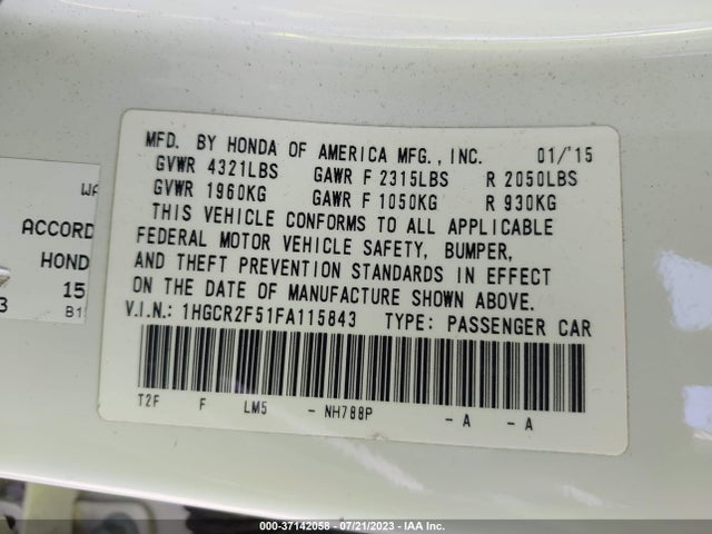 Aukcja sprzedaży 2015 Honda Accord Sedan Sport, vin: 1HGCR2F51FA115843, numer aukcji: 37142058