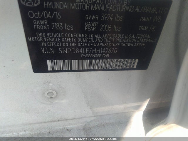 2017 HYUNDAI ELANTRA SE VIN: 5NPD84LF7HH142670