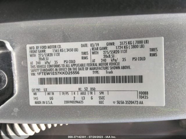 1FTEW1E57KKD25556 Ford F-150 Xl/xlt/lariat
