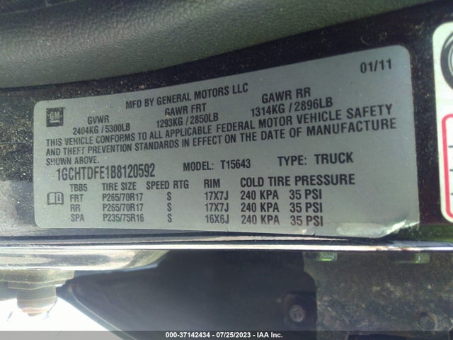 2011 CHEVROLET COLORADO LT W/2LT VIN: 1GCHTDFE1B8120592