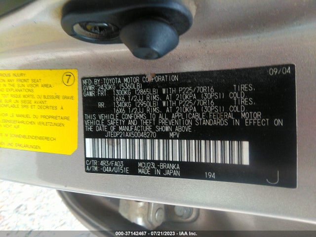 2005 TOYOTA HIGHLANDER VIN: JTEDP21AX50048270