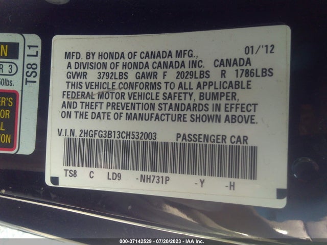 2012 HONDA CIVIC CPE EX-L VIN: 2HGFG3B13CH532003