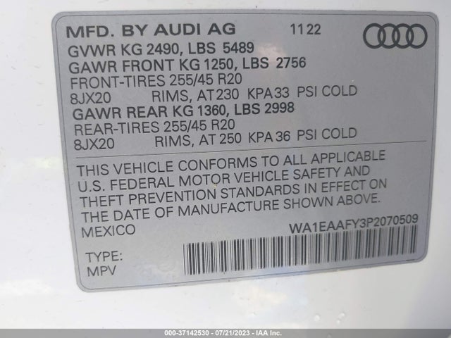 WA1EAAFY3P2070509 Audi Q5 S Line Premium Plus