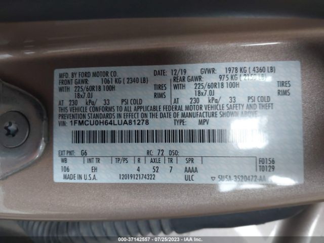 1FMCU0H64LUA81278 Ford ESCAPE SEL