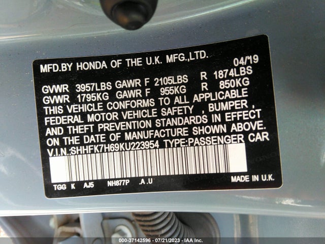 Honda Civic Hatchback Ex 2019 SHHFK7H69KU223954 Image 9